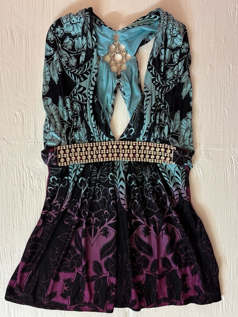 Y2K babydoll top with embellished waist and open back cut out